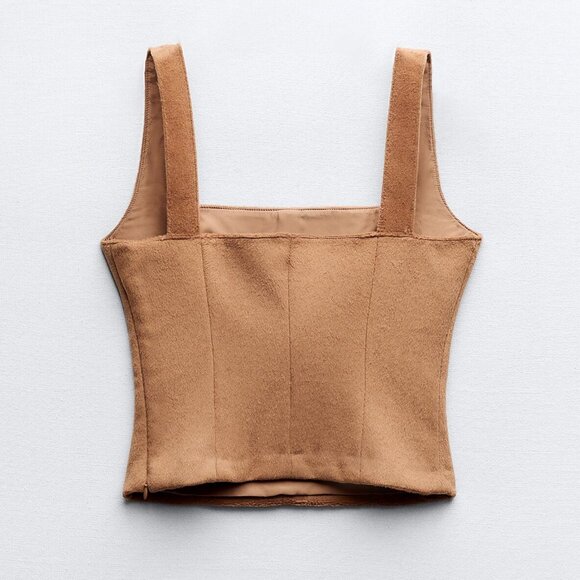 NEW Zara Soft Faux Fur, Wool Blend Bustier Corset-Style Cropped Top in Camel, XS - Picture 8 of 16